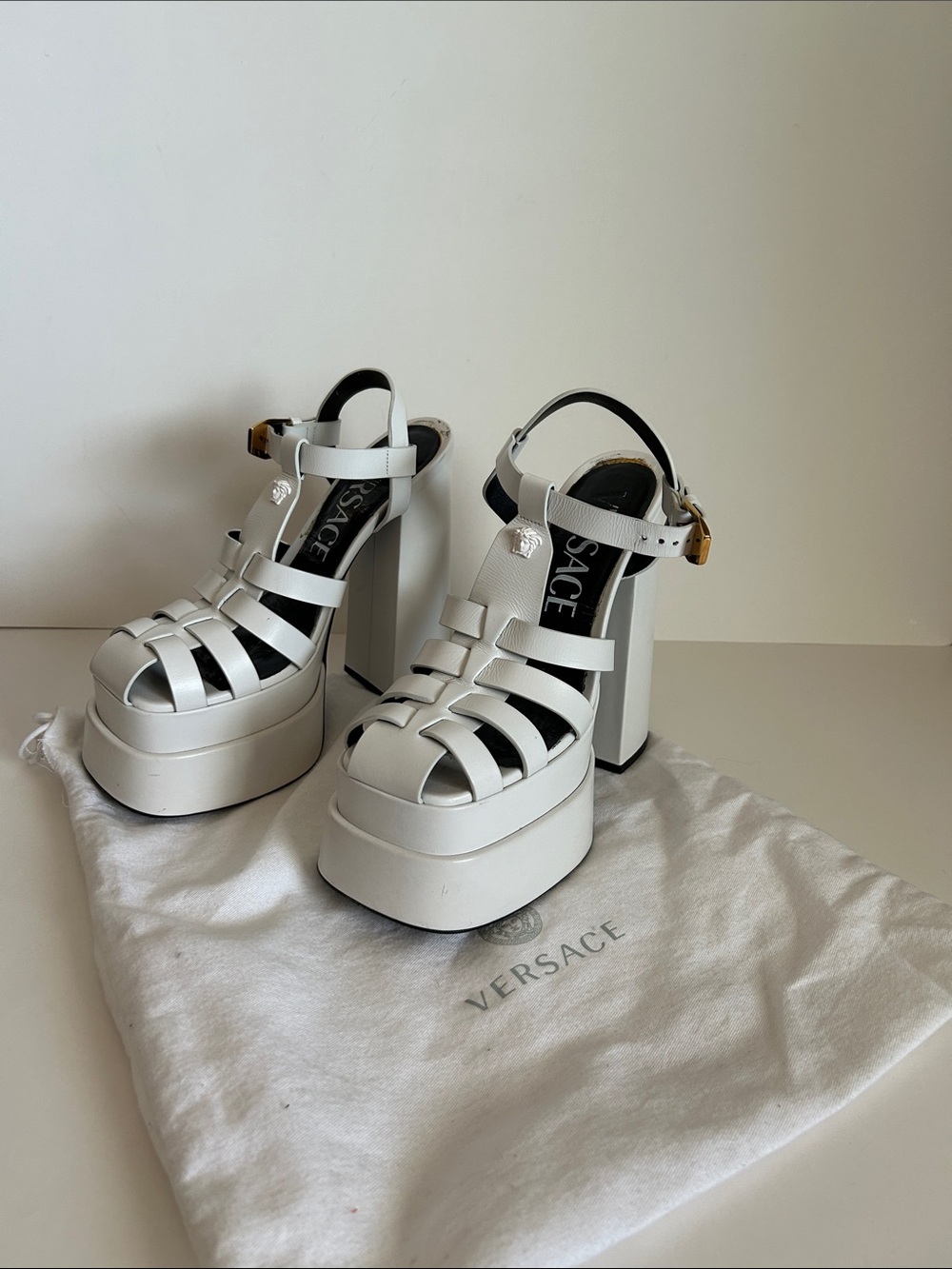Versace White Leather Cage Platform Sandals with Gold Buckle